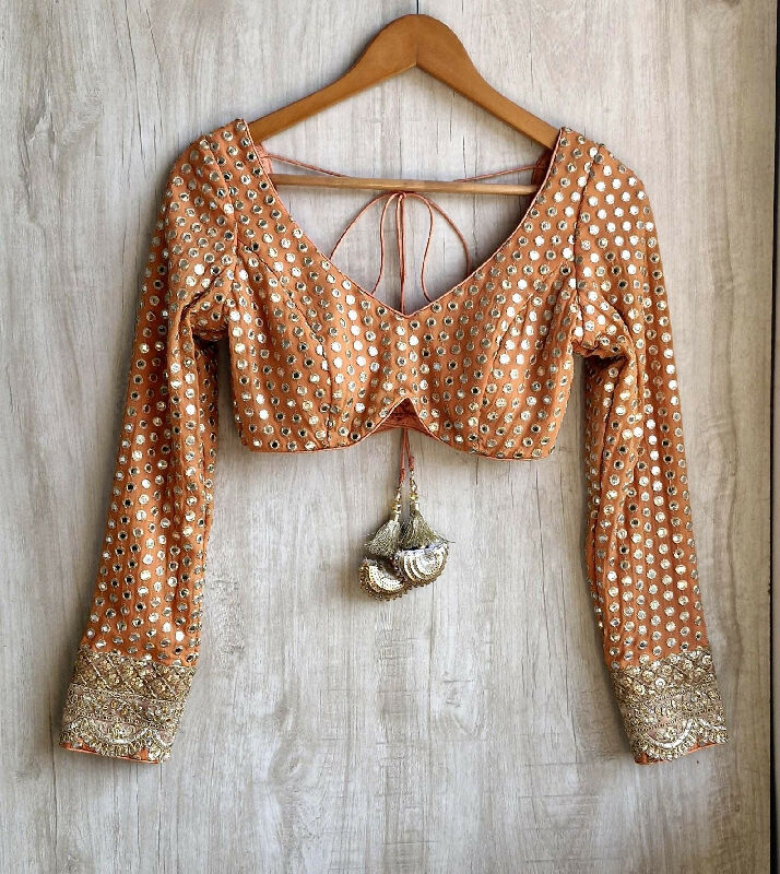 Embroidered Georgette Deep V Neck Blouse Long Sleeves