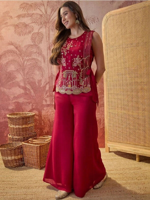 Red indo western short kurti with top and pent 3pc set