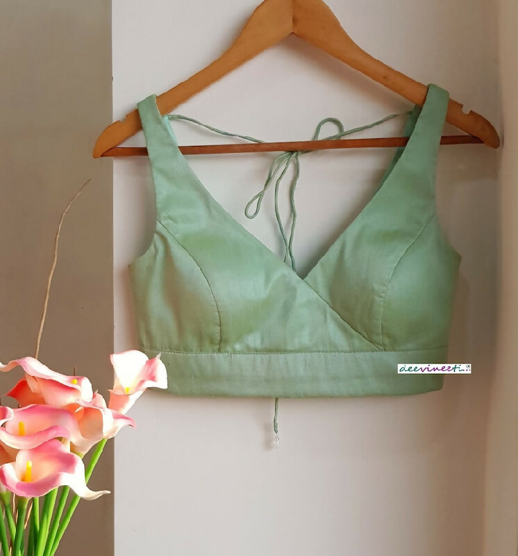 Mint Green Blended Raw Silk Deep V Neck Blouse