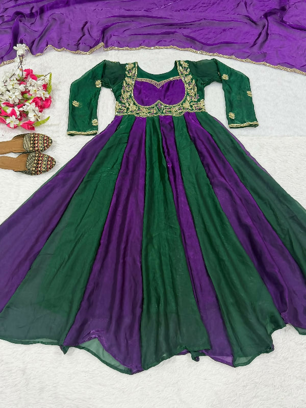 Green choli style v neck flaired anarkali suit with dupatta 2pc set