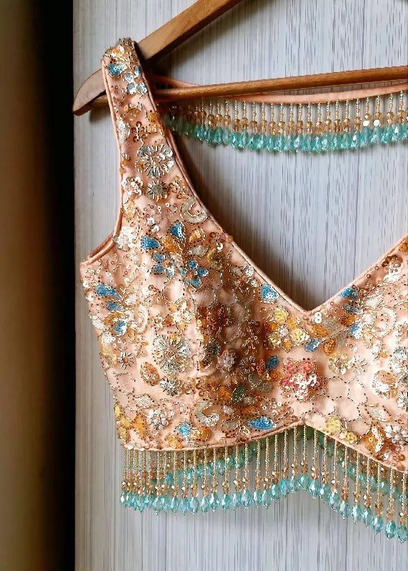 Peach Embroidered Net Blouse, Beads Fringes, Deep V Neck