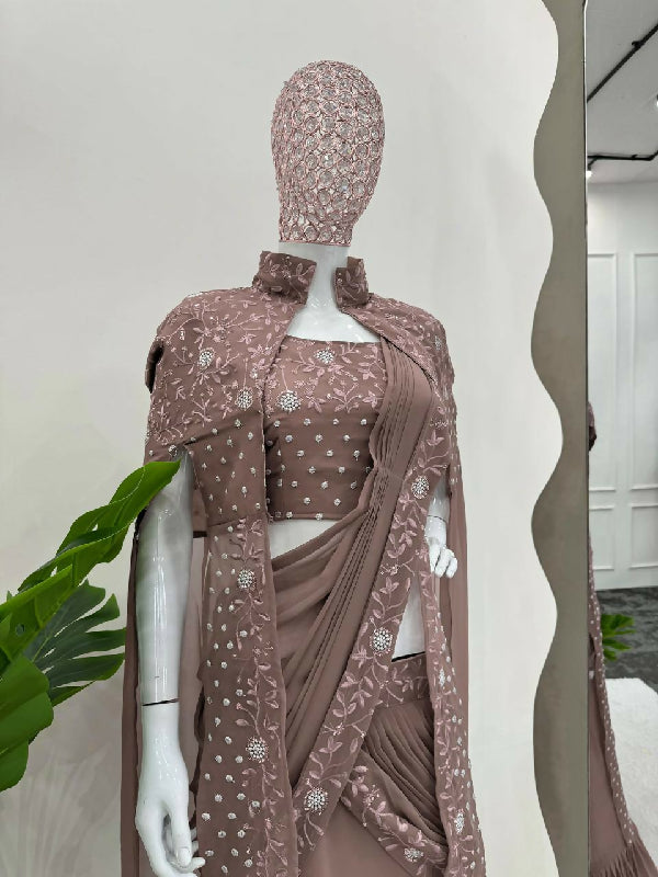 Brown ready to wear lehenga saree with cape set