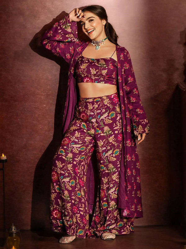 Purple floral printed palazzo with top and jacket