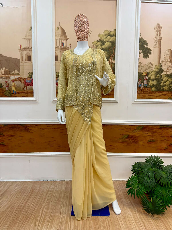 Pink indo western blouse with saree and jacket 3pc set