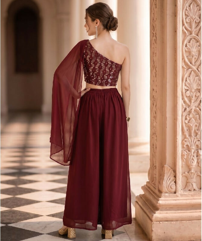 Blue indo western one shoulder top with palazzo