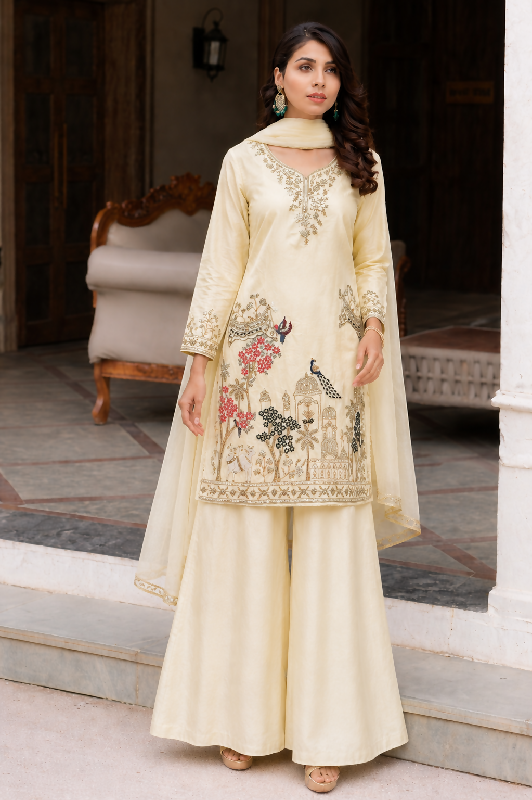 Off white cutdana handwork kurta with palazzo and dupatta 3pc set