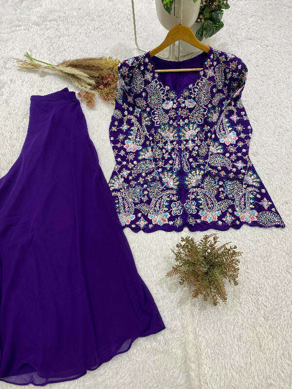 Purple indo western front slit kurti with palazzo set
