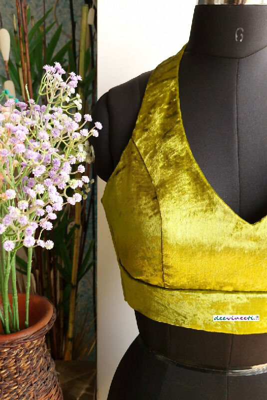 Olive Green Viscose Velvet Halter Neck Saree Lehenga Blouse