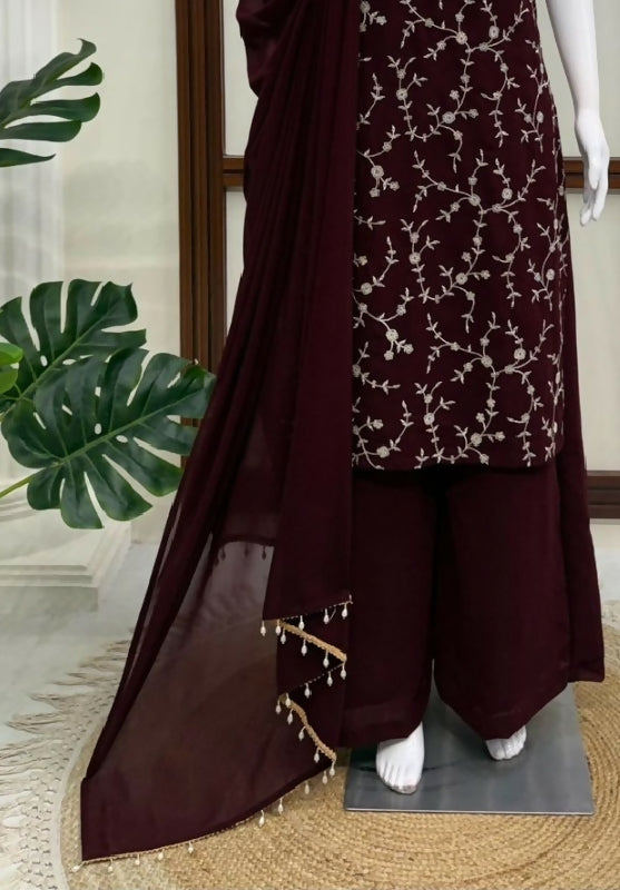 Brown spaghetti sleeveless indo western kurta with palazzo and dupatta 3pc set