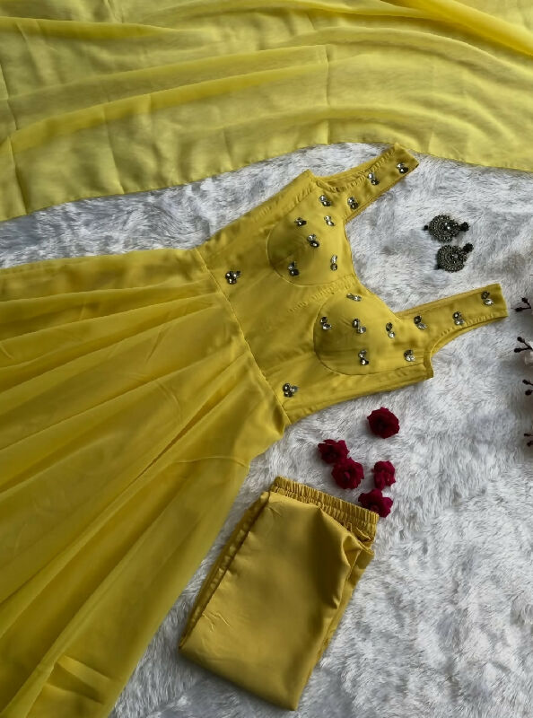 Yellow corset flaired anarkali suit with pent and dupatta 3pc set