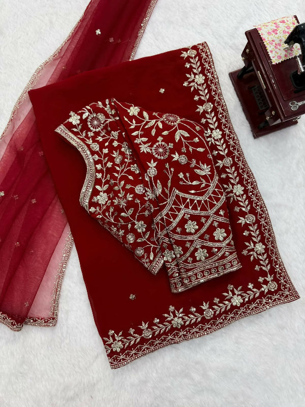 Red bridal fancy saree with blouse and dupatta 3pc set