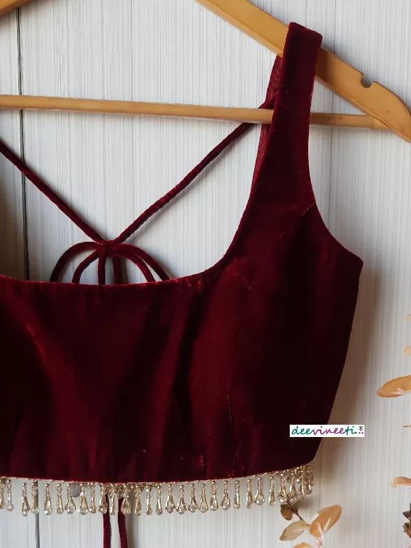 Deep Burgundy Velvet Saree Lehenga Blouse Sleeveless Square Neck with Fringes - 3/4 Sleeve