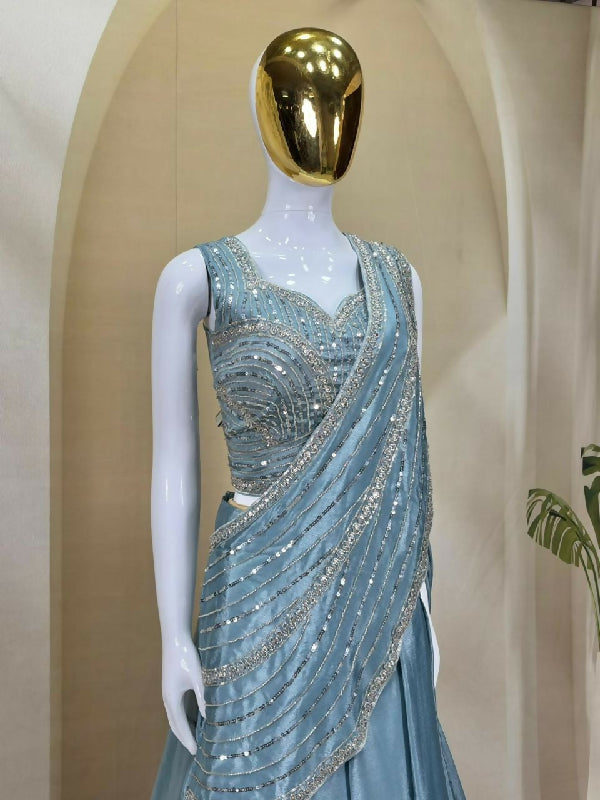 Blue indo western lehenga saree with blouse