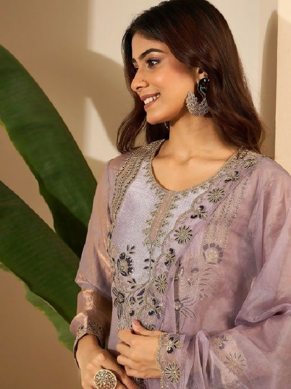 Purple silk kurti with printed shiny palazzo and dupatta set