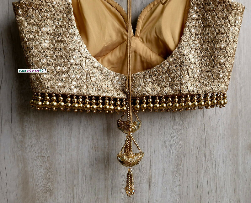 Saree Lehenga Blouse Gold Embroidered Bridal Deep Sweetheart Neck DVBL_320