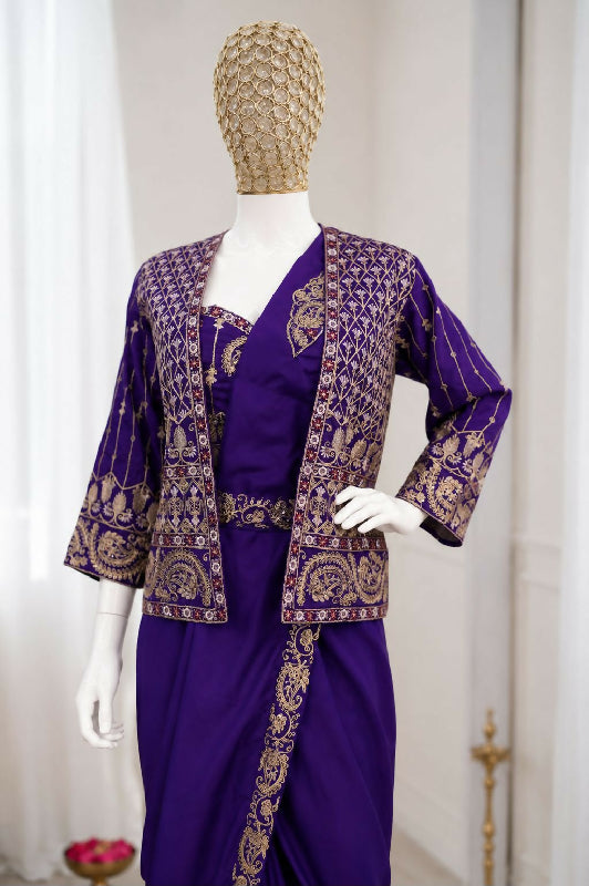 Purple ready to wear one min cape saree with blouse