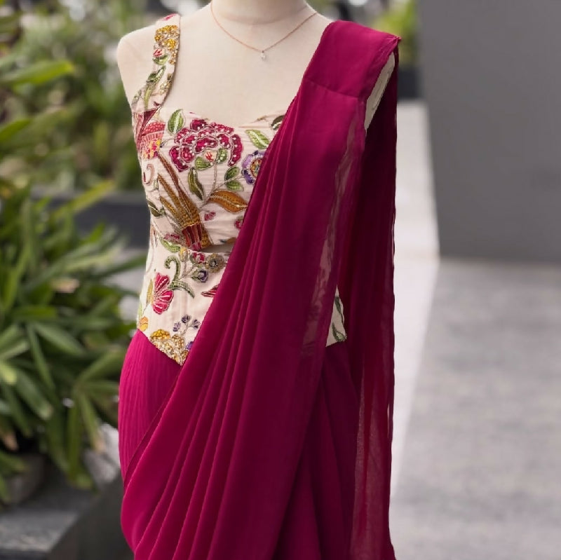 Pink ready to wear one min saree with corset blouse