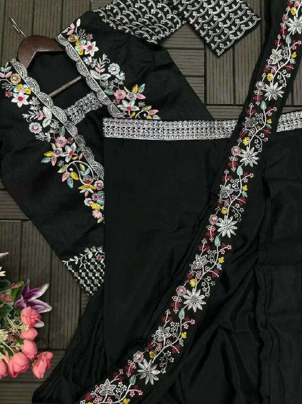 Black ready to wear pleated saree with blouse and cape jacket