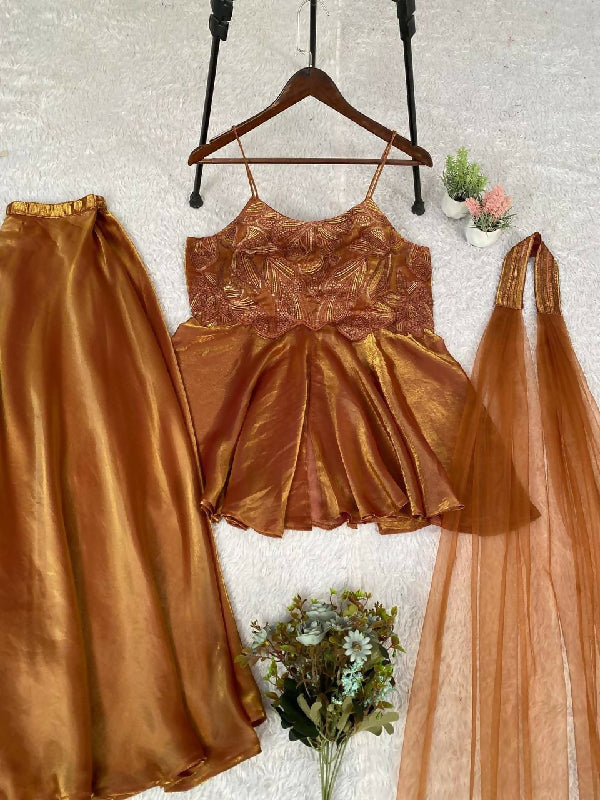 Brown spaghetti crop top kurti with palazzo and dupatta 3pc set