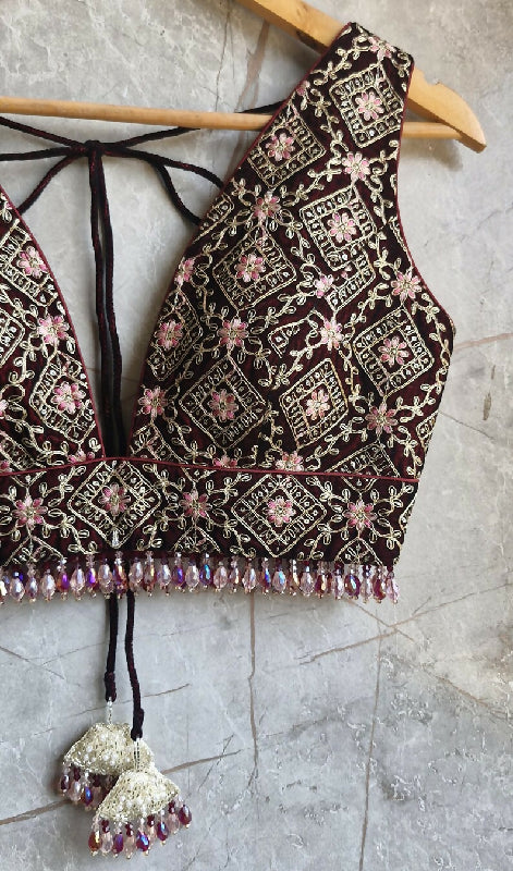 Maroon Embroidered Velvet Plunge Neckline Blouse
