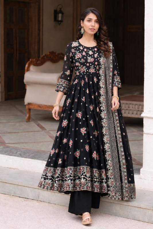 Black floral flaired anarkali suit with pent and dupatta 3pc set
