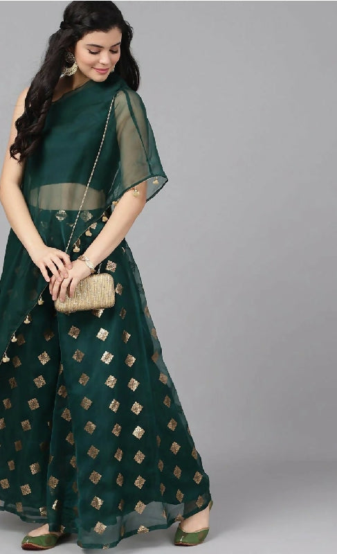 Green one shoulder cape with top and palazzo 3pc set