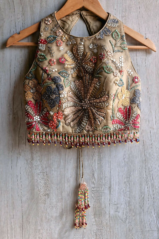 Earthy Taupe Embroidered Saree Blouse, Jewel Neck, Beads Fringes DVBL_488