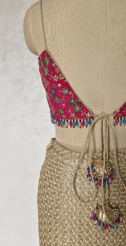 Magenta Pink Embroidered Crepe Silk Deep V Neck Blouse