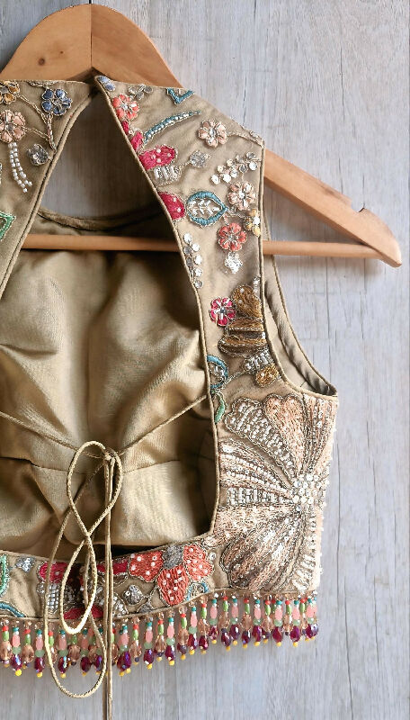 Earthy Taupe Embroidered Saree Blouse, Jewel Neck, Beads Fringes DVBL_488