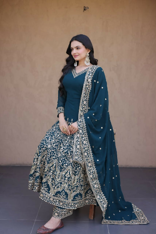 Maroon flaired v neck anarkali suit with pent and dupatta 3pc set