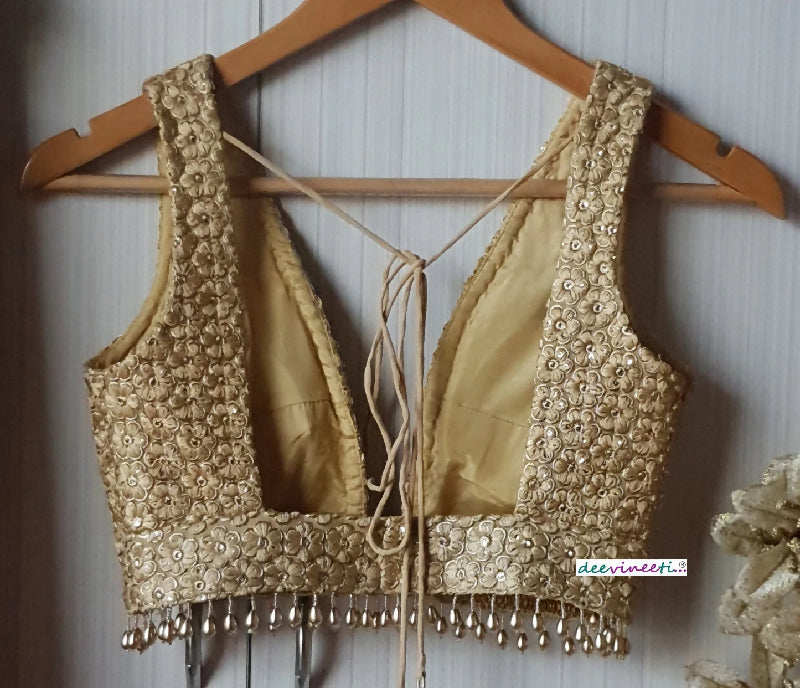Embroidered Gold Georgette Saree Blouse, Plunge Neckline DVBL_139