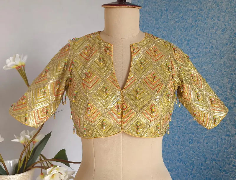 Embroidered Georgette Saree Blouse, V Neck Elbow Sleeves