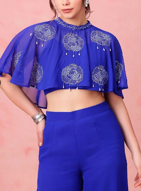 Blue spaghetti top with palazzo pents and poncho shrug set