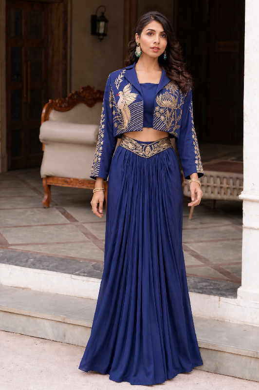 Blue indo western top with jacket and pleated skirt