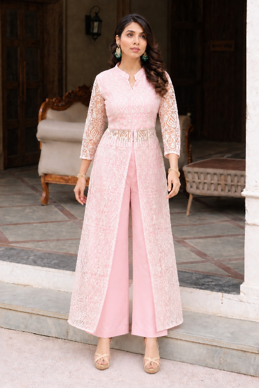 Pink indo western front slit kurti with pent