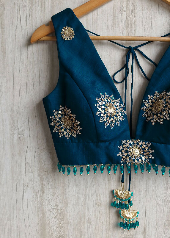 Teal Embroidered Plunge Neck Silk Saree Blouse