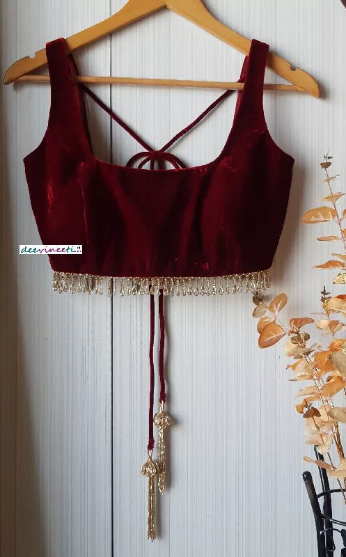 Deep Burgundy Velvet Saree Lehenga Blouse Sleeveless Square Neck with Fringes - Sleeveless & Half Sleeve