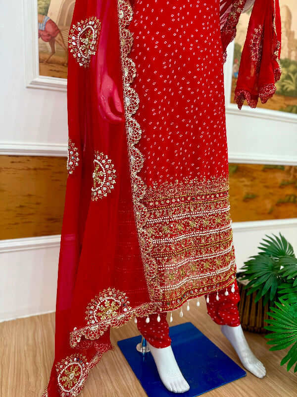 Purple sleeveless pearl work long kurti with pent and dupatta 3pc set