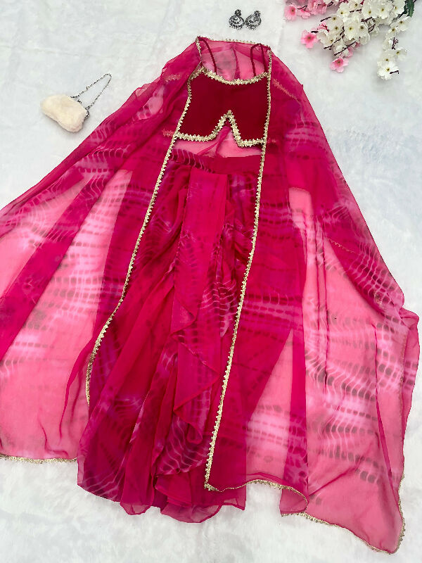 Pink indo western crop top with dhoti skirt and jacket 3pc set