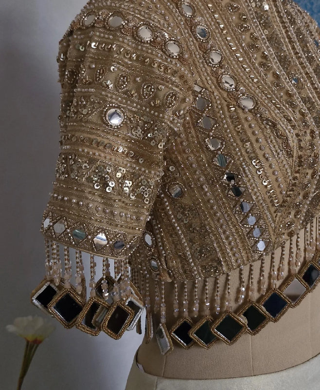 Dark Beige Gold Blouse, Embroidered, Sleeves, Mirror Fringes