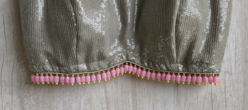 Sequin Embroidered Greenish Grey Jewel Neck Blouse, Handmade Fringes