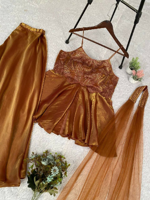 Brown spaghetti crop top kurti with palazzo and dupatta 3pc set