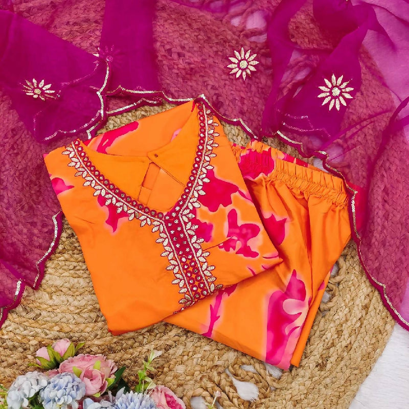 Orange v neck peplum stylish top with palazzo and dupatta 3pc set