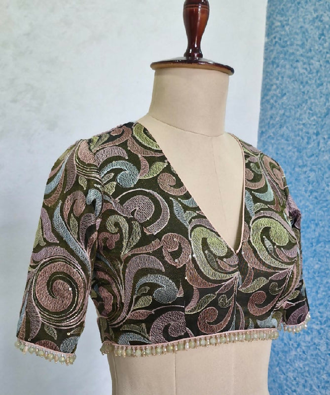 Deep Olive Green Embroidered Tissue Silk Saree Blouse, Elbow Sleeves