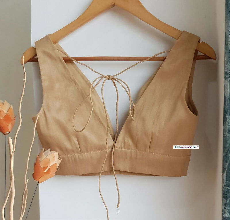 Beige Blended Raw Silk Plunge Neck Blouse