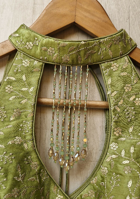 Green Embroidered Halter Neck Silk Blouse