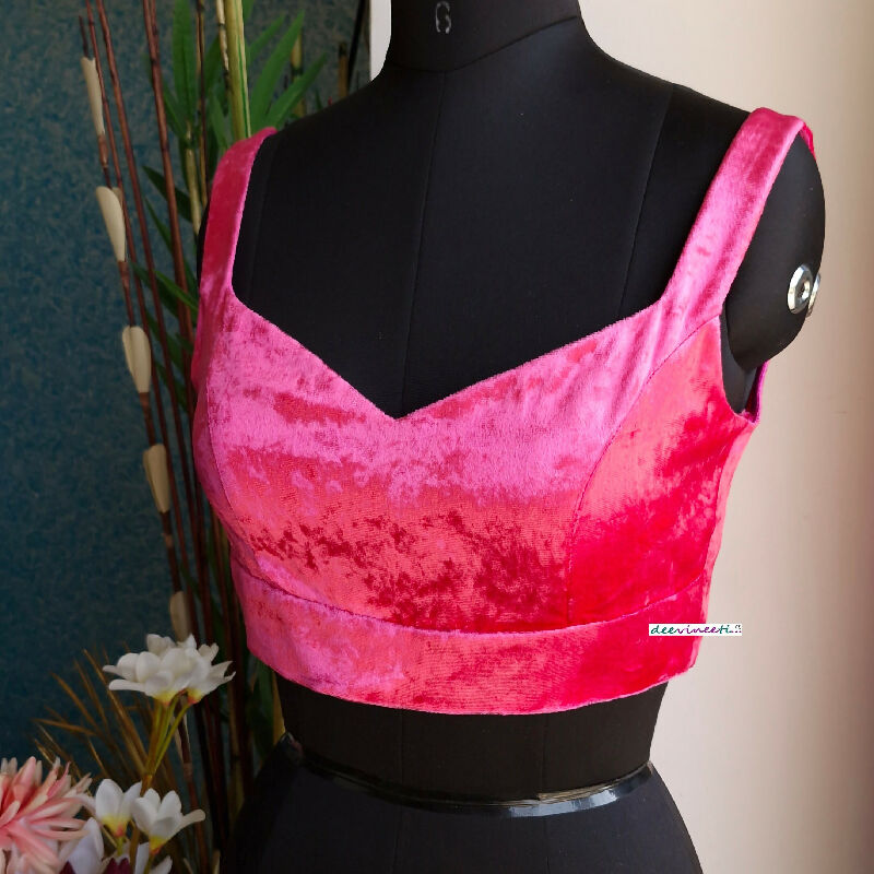 Hot Pink Velvet Saree Lehenga Blouse Sleeveless Sweetheart Neck