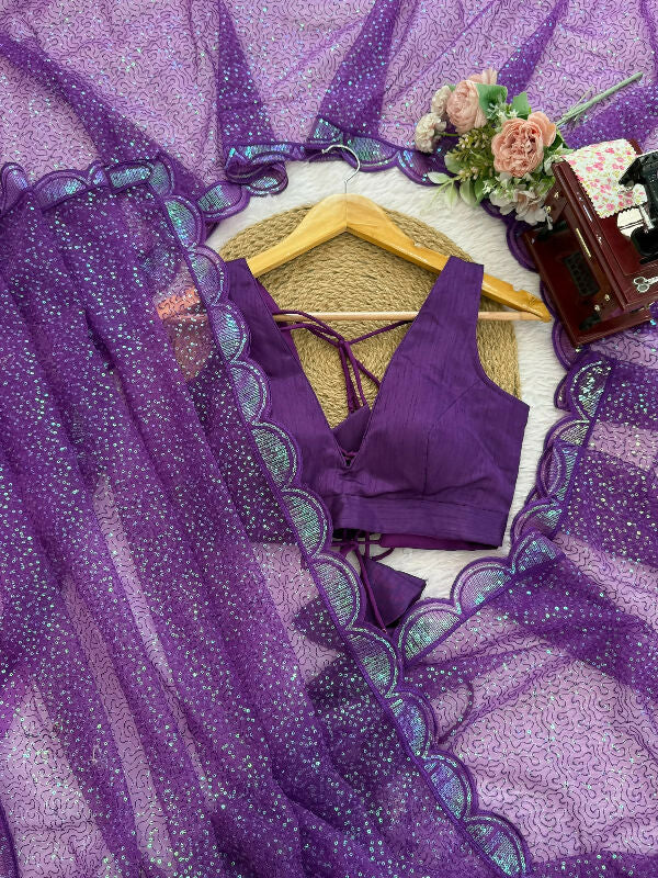 Beige gold sequin embroidery saree with blouse