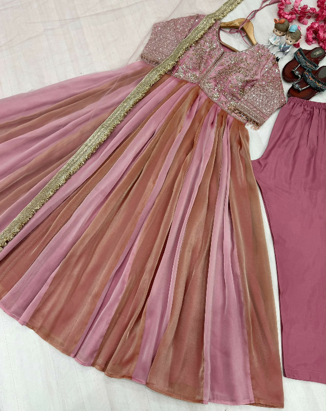 Pink pleated multicolored flaired anarkali suit with pent and dupatta 3pc set