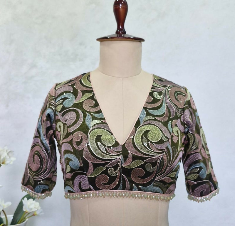 Deep Olive Green Embroidered Tissue Silk Saree Blouse, Elbow Sleeves